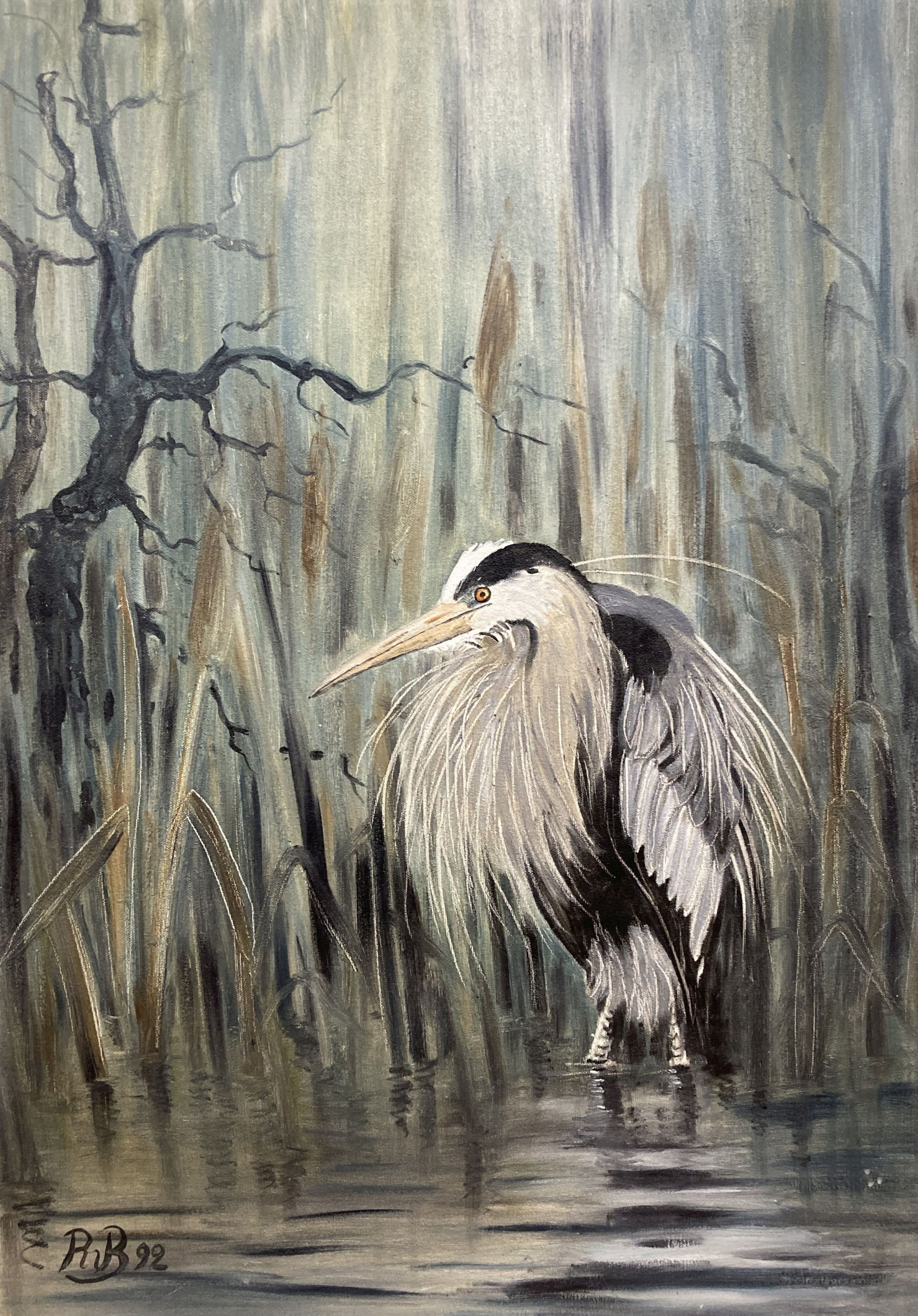 Baroness Bismarck, oil on canvas, Heron amongst reeds, initialled and dated 92, 72 x 52cm